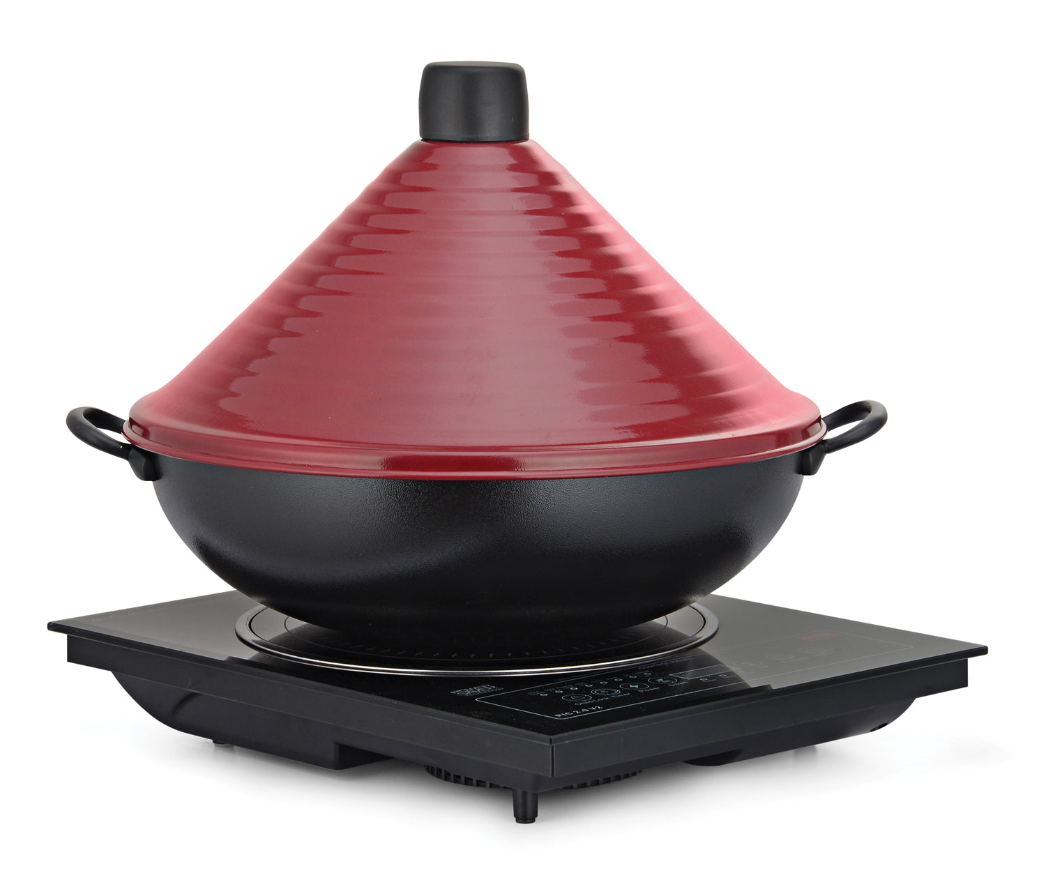 Stainless Steel Round 7 Ltrs  Chafing Dish with Conical lid. Black Base and Red Lid  Can be used with Only Induction heater (Induction Heater/ Heating Plate Not Included).