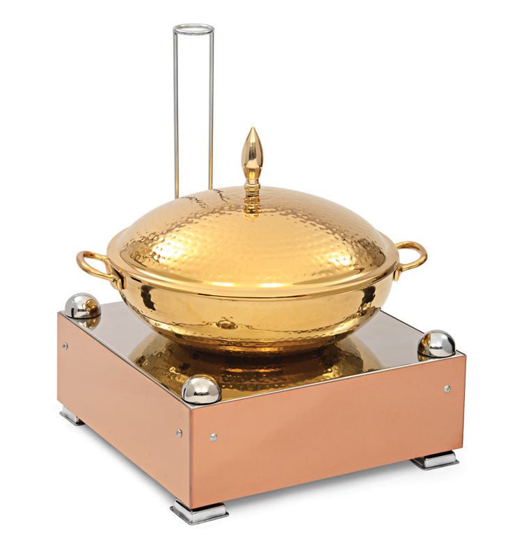 Stainless Steel Round 7 Ltrs  Chafing Dish. All Golden finish with Covered Pillar Chowki in Rose Gold Finish.