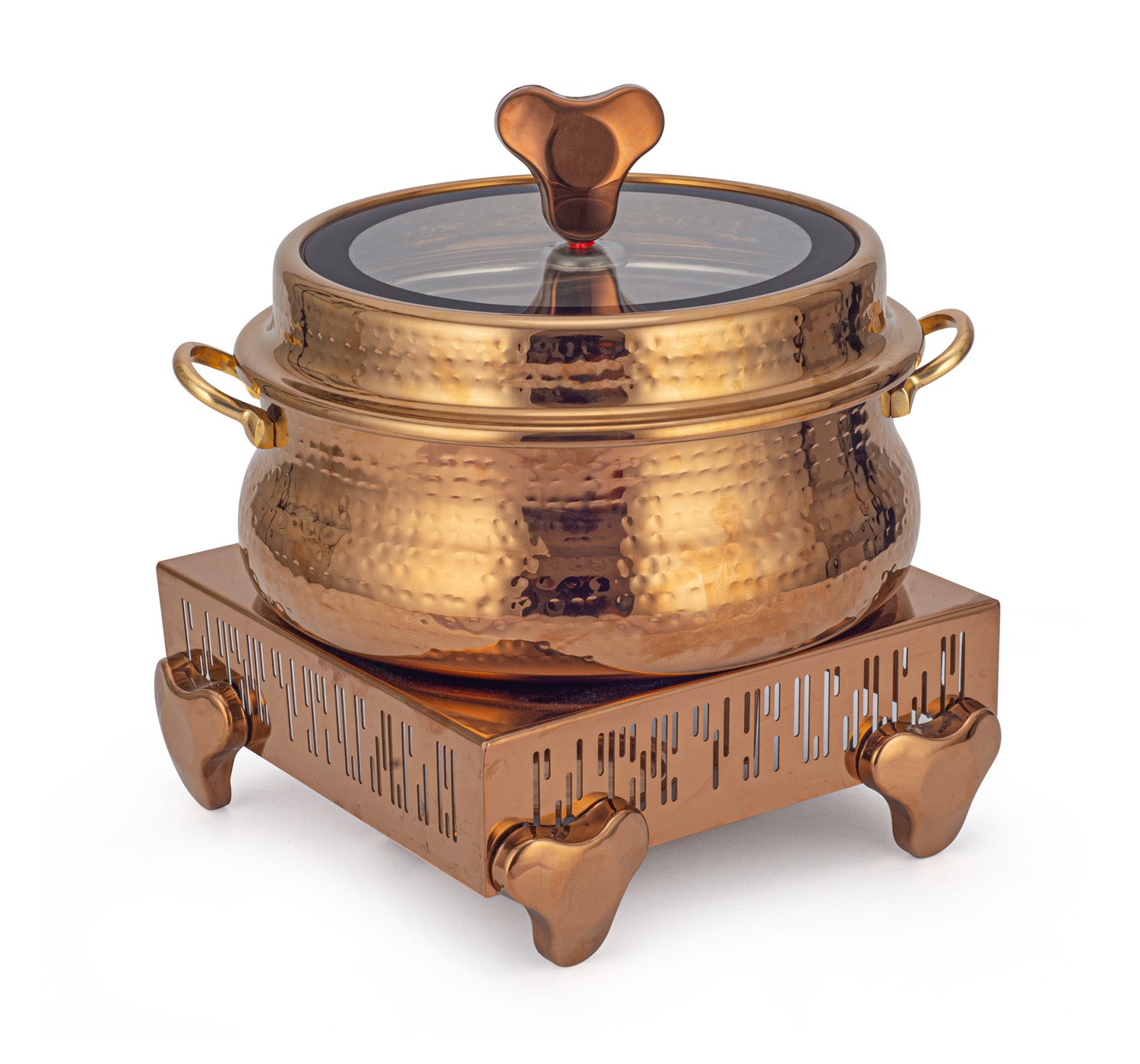 Stainless Steel Round 7 Ltrs Chafing Dish, With Full Glass Lid.  With Hammered Finish. With  Bar Code Laser cutting Star Legs Chowki Type Stand. (Induction Heater not included)