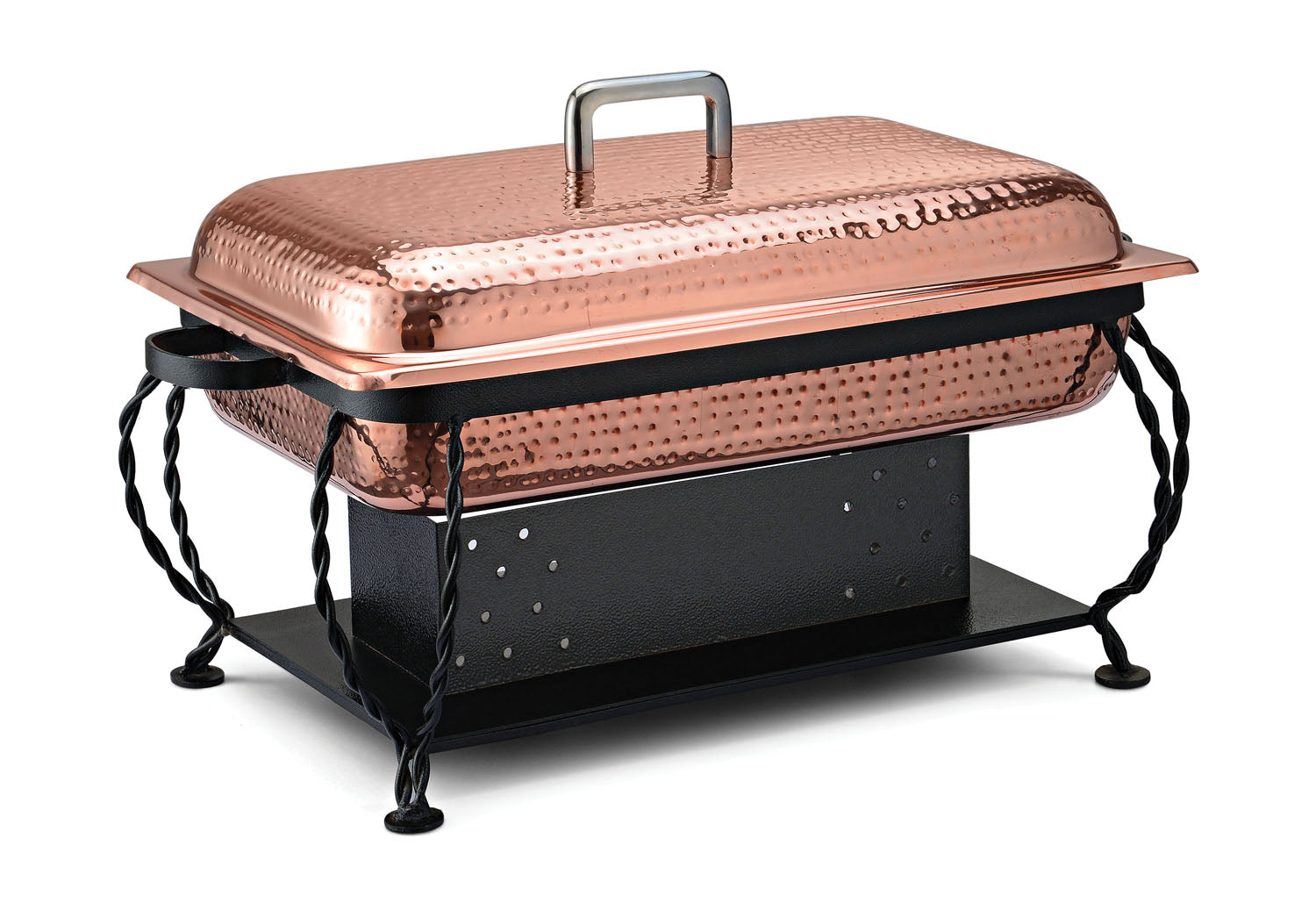 Rectangular Stainless Steel Chafing Dish. Hammered Finish, Stainless Steel Food Pan and With Wrought Iron Stand