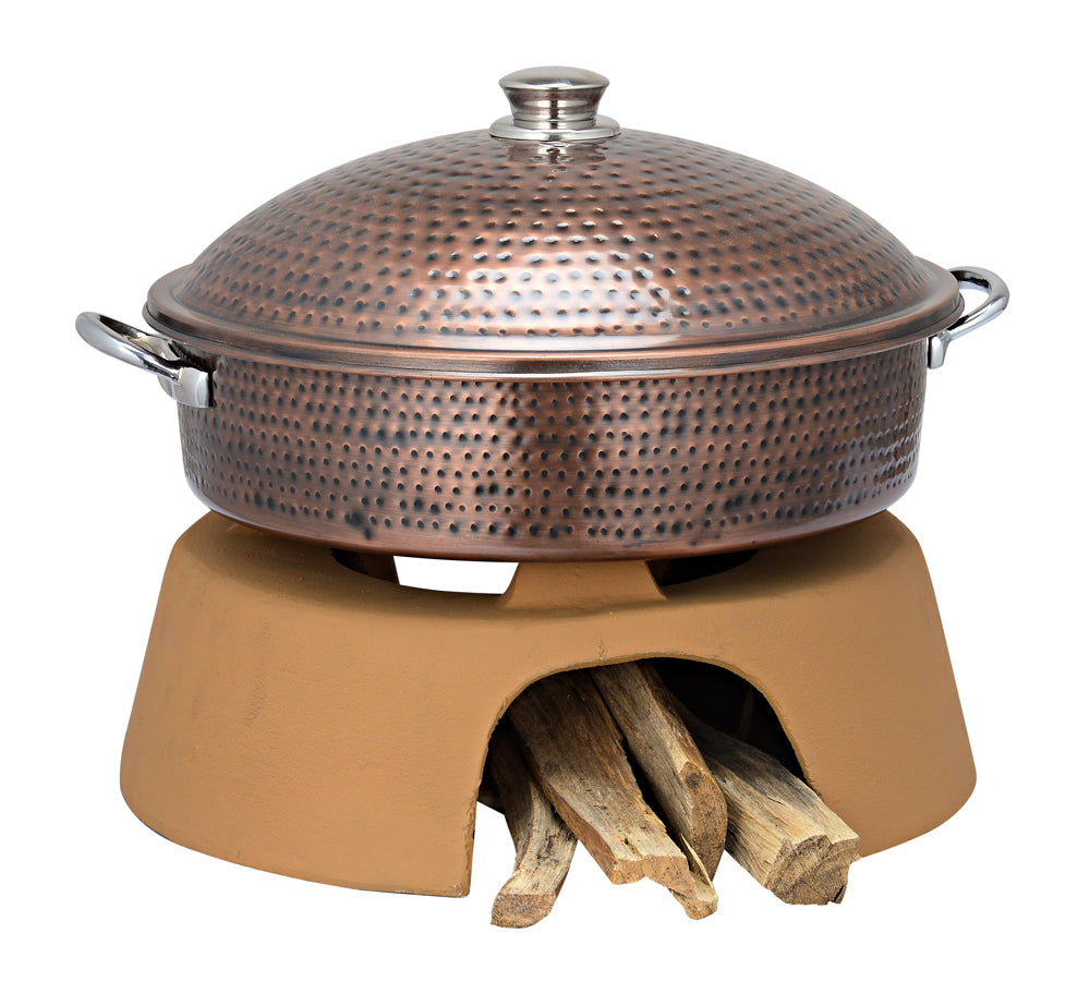 Stainless Steel Full Size Chafing Dish with Antique Finish. Stainless Steel Handi and Lid. Stainless Steel Food Pan, With Chulha Type Stand Clay Finish.