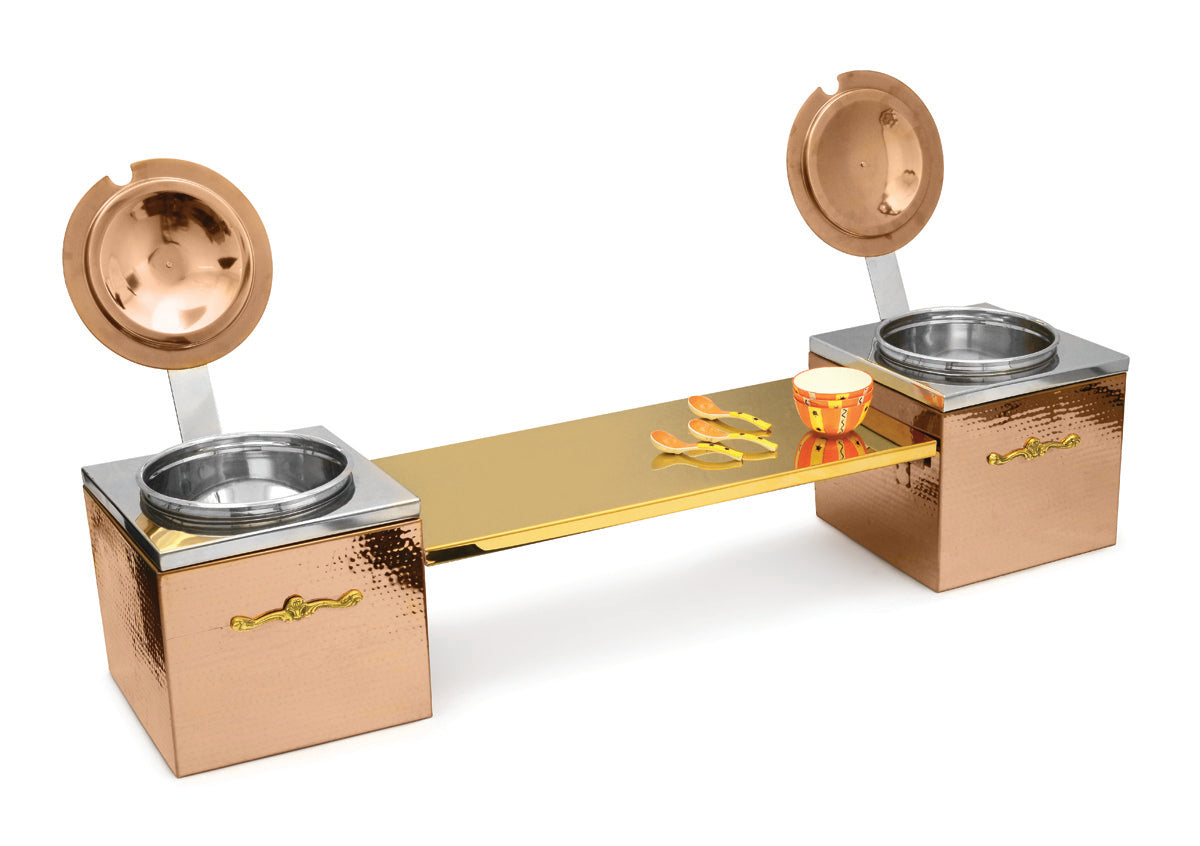 Round 7 Ltrs Lift Top Soup Warmer, With Box type Stand. Rose Gold Finish and Golden Platform. Can be used with Fuel or Heating Plate (Heating Plate Not Included).