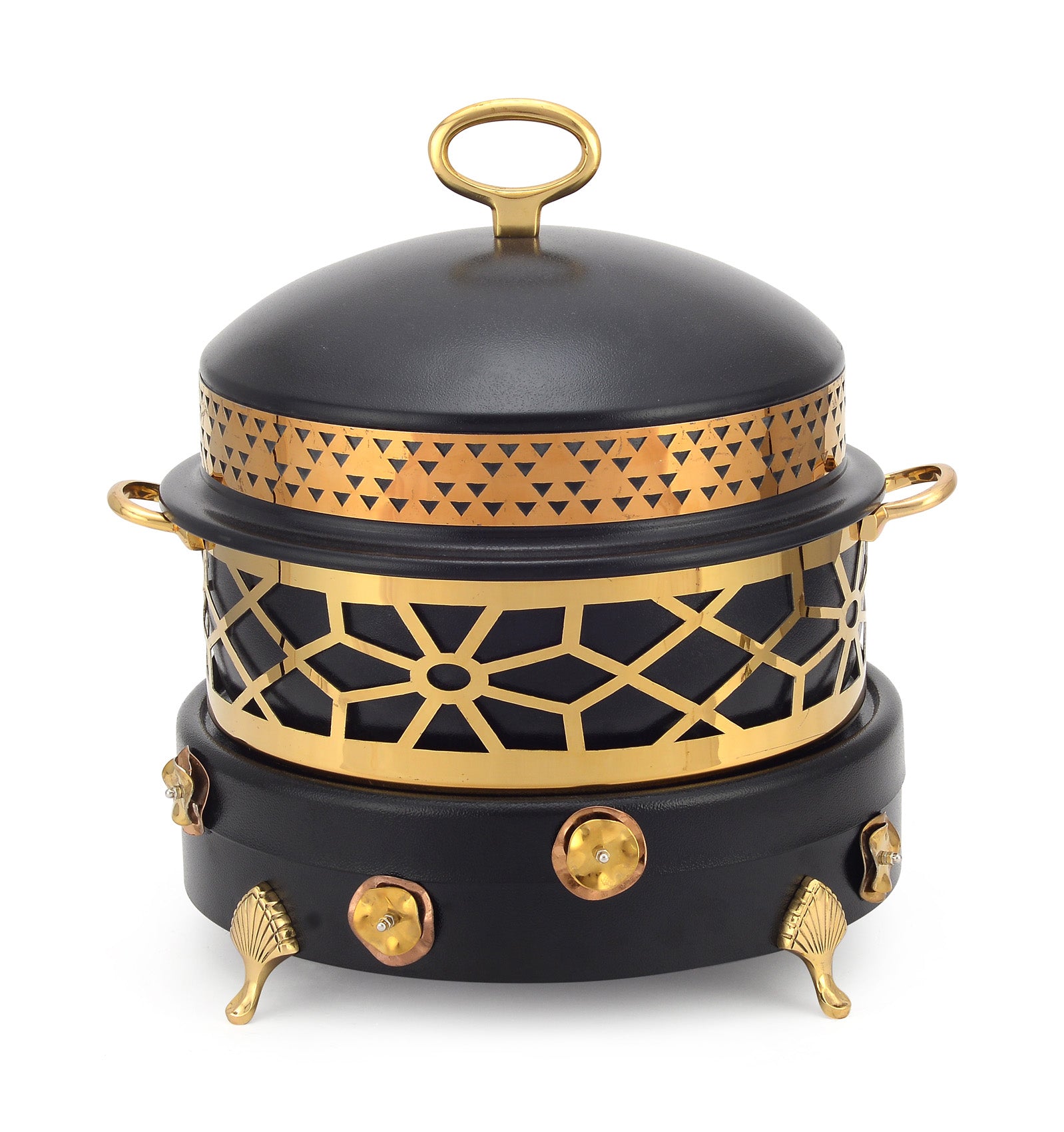 Stainless Steel Round 7 Ltrs Flora Dish all black with Golden LC Sleeves on water pan and lid. (Induction Heater/ Heating Plate Not Included).
