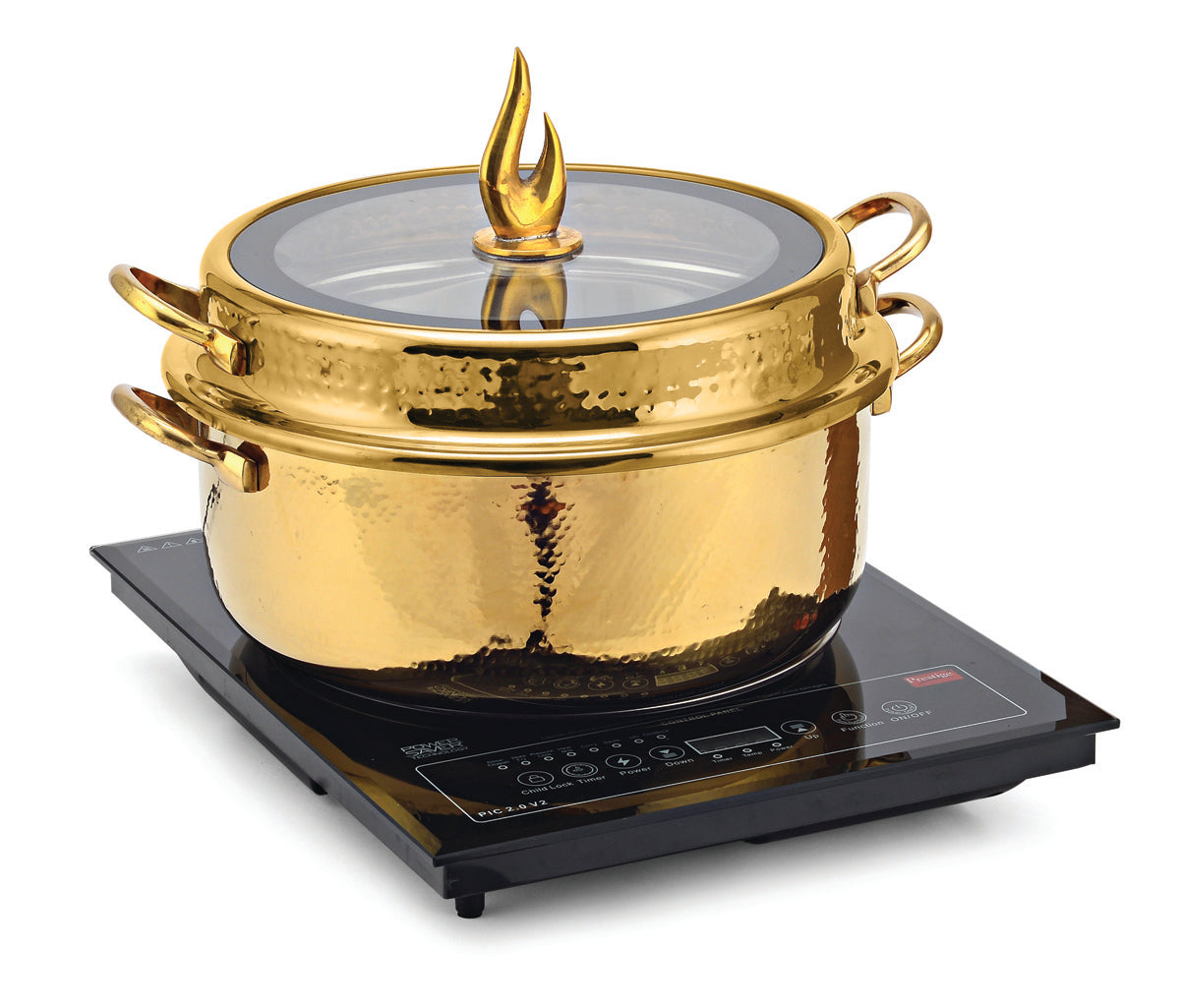 Stainless Steel Round 7 Ltrs  Chafing Dish, With Full Glass Lid. With Hammered Finish. (Induction Heater not included)