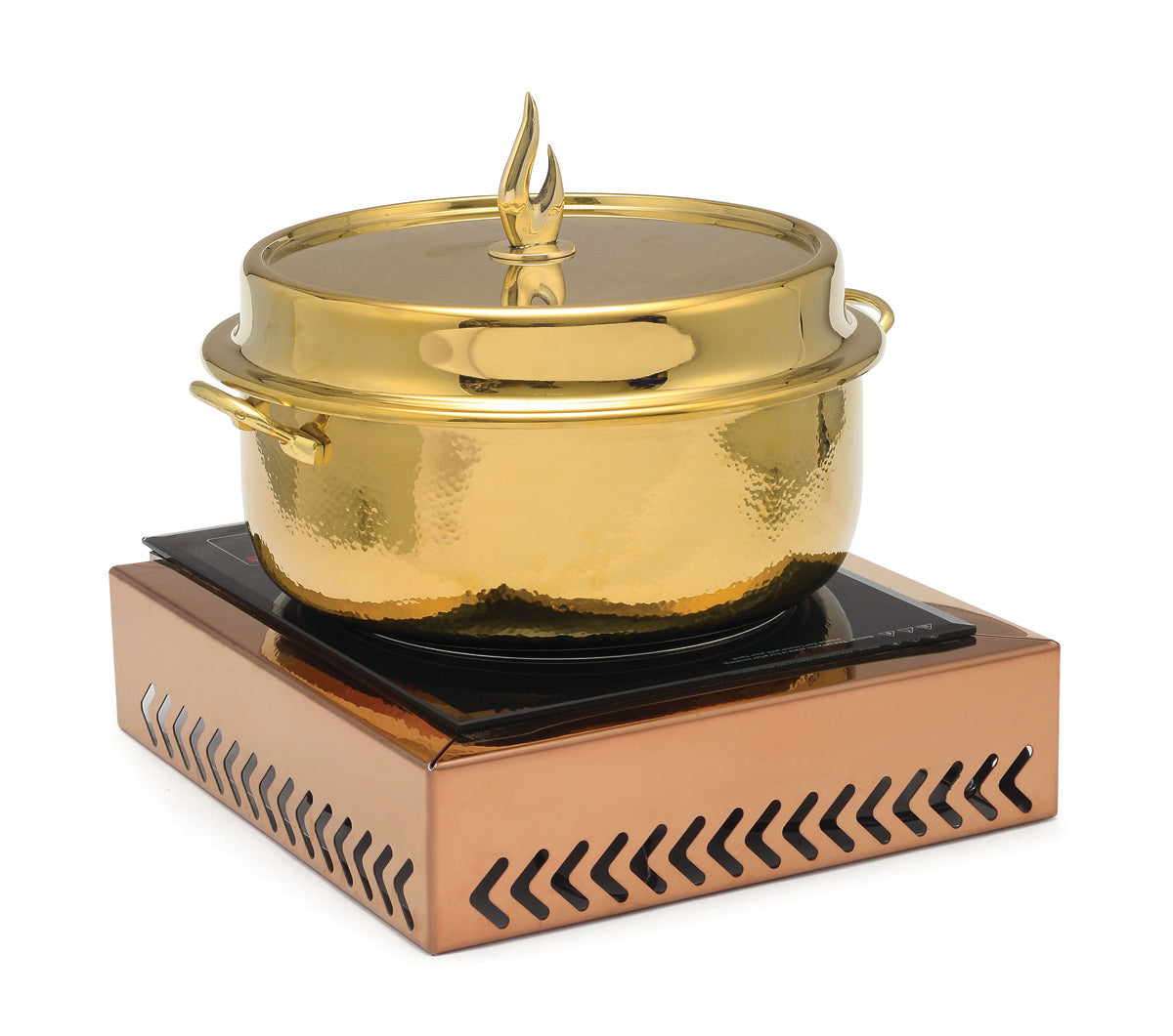 Stainless Steel Round 7 Ltrs  Chafing Dish, With Covered Lid. With Hammered Finish. With Induction Compatible Chowki type Stand
.(Induction Heater not included)