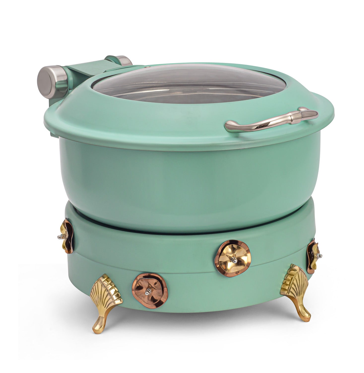 Stainless Steel Round 7 Ltrs  Chafing Dish, With Flora design Stand. With Glass Window. With cover control mechanism.