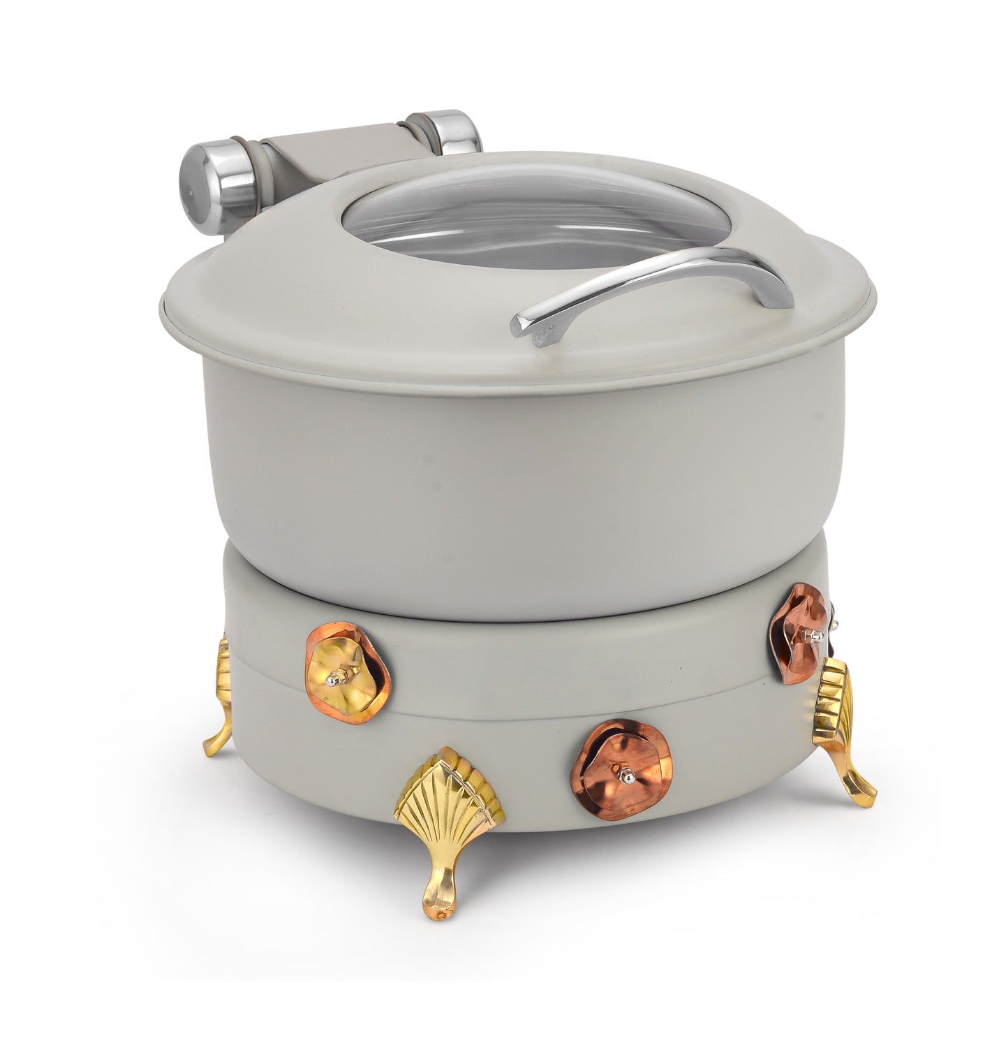 Stainless Steel Round 7 Ltrs  Chafing Dish, With Flora design Stand. With Glass Window. With cover control mechanism.