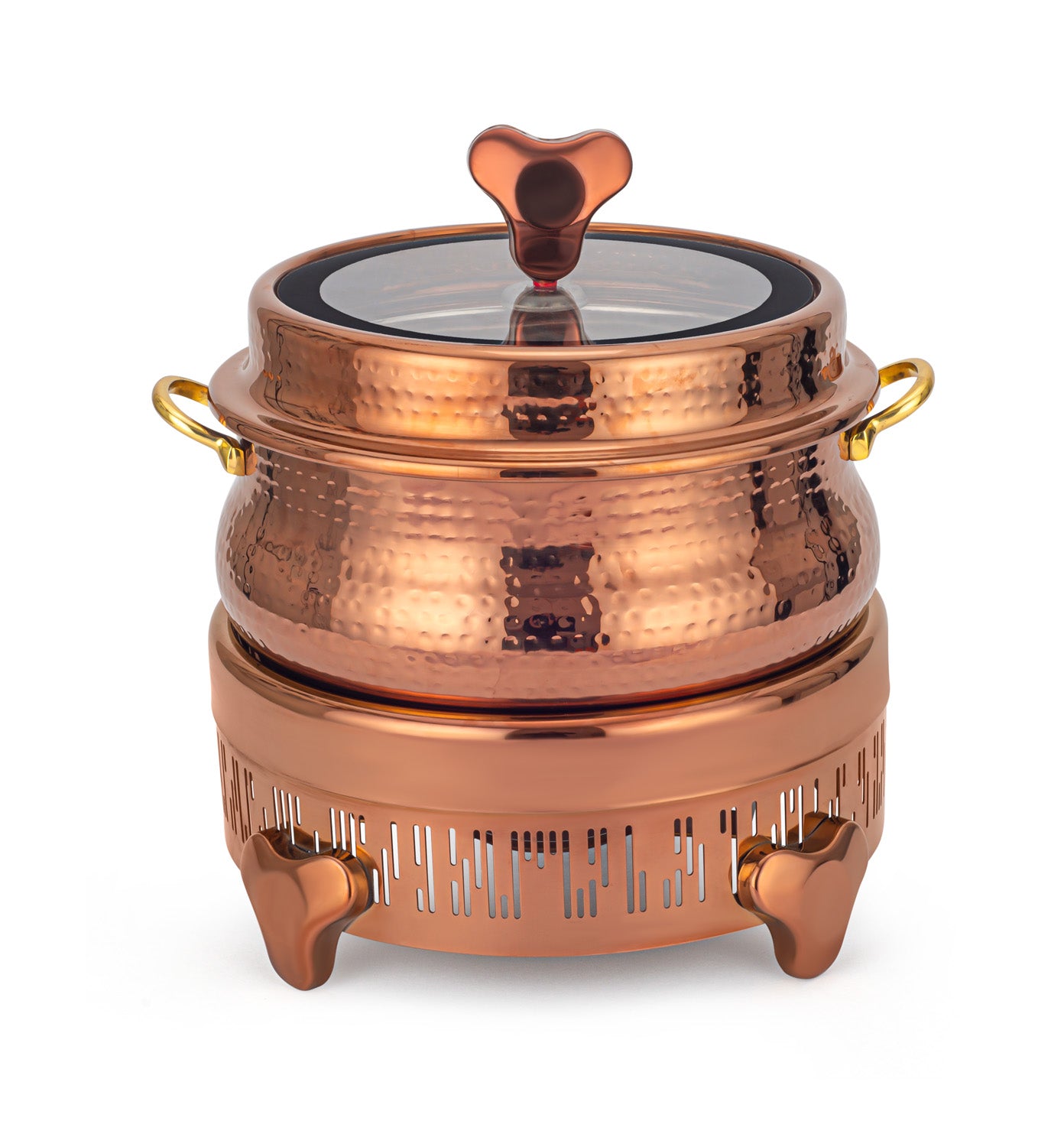 Stainless Steel Round Large  Size Chafing Dish, With Full Glass Lid.  With Hammered Finish. With  Bar Code Laser cutting Star Legs Chowki Type Stand. (Induction Heater not included)