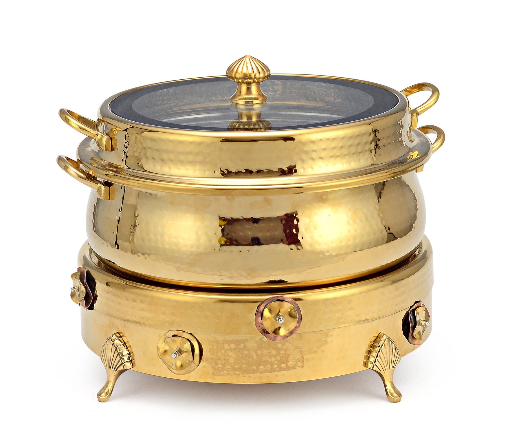 Stainless Steel Round 7 Ltrs  Chafing Dish, With Flora Design. With Full Glass Window.  (Induction Heater/ Heating Plate Not Included).