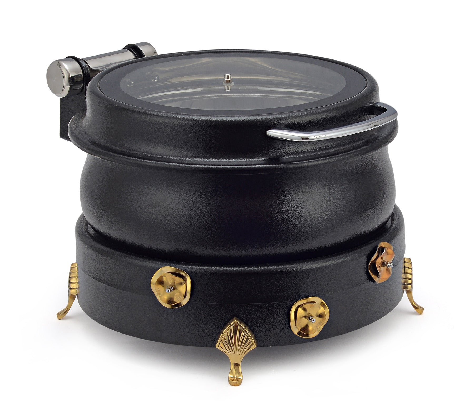 Stainless Steel Round 7 Ltrs  Chafing Dish, With Flora design Stand. With Glass Window. With cover control mechanism.