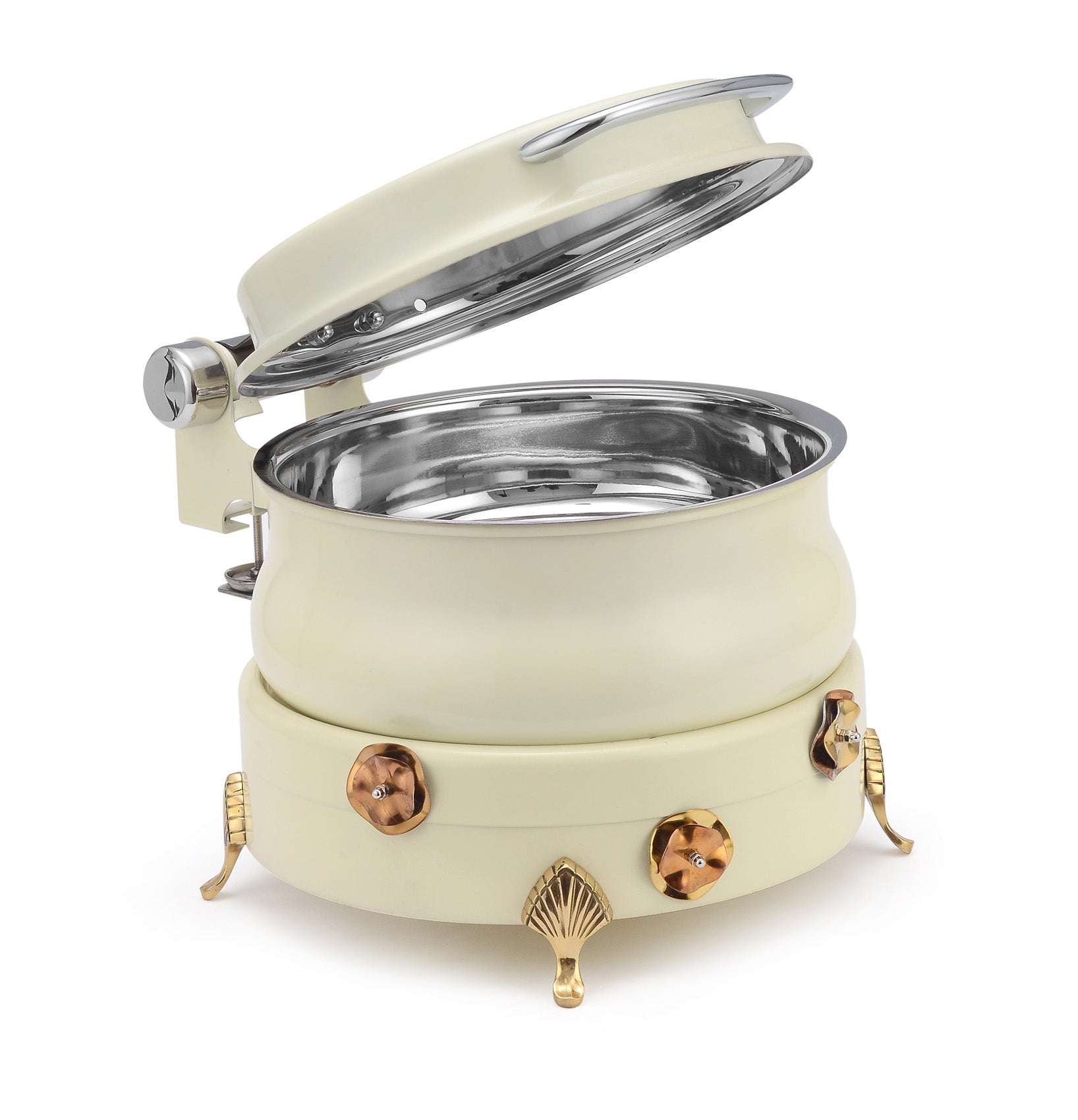 Stainless Steel Round 7 Ltrs  Chafing Dish, With Flora design Stand. With Glass Window. With cover control mechanism.