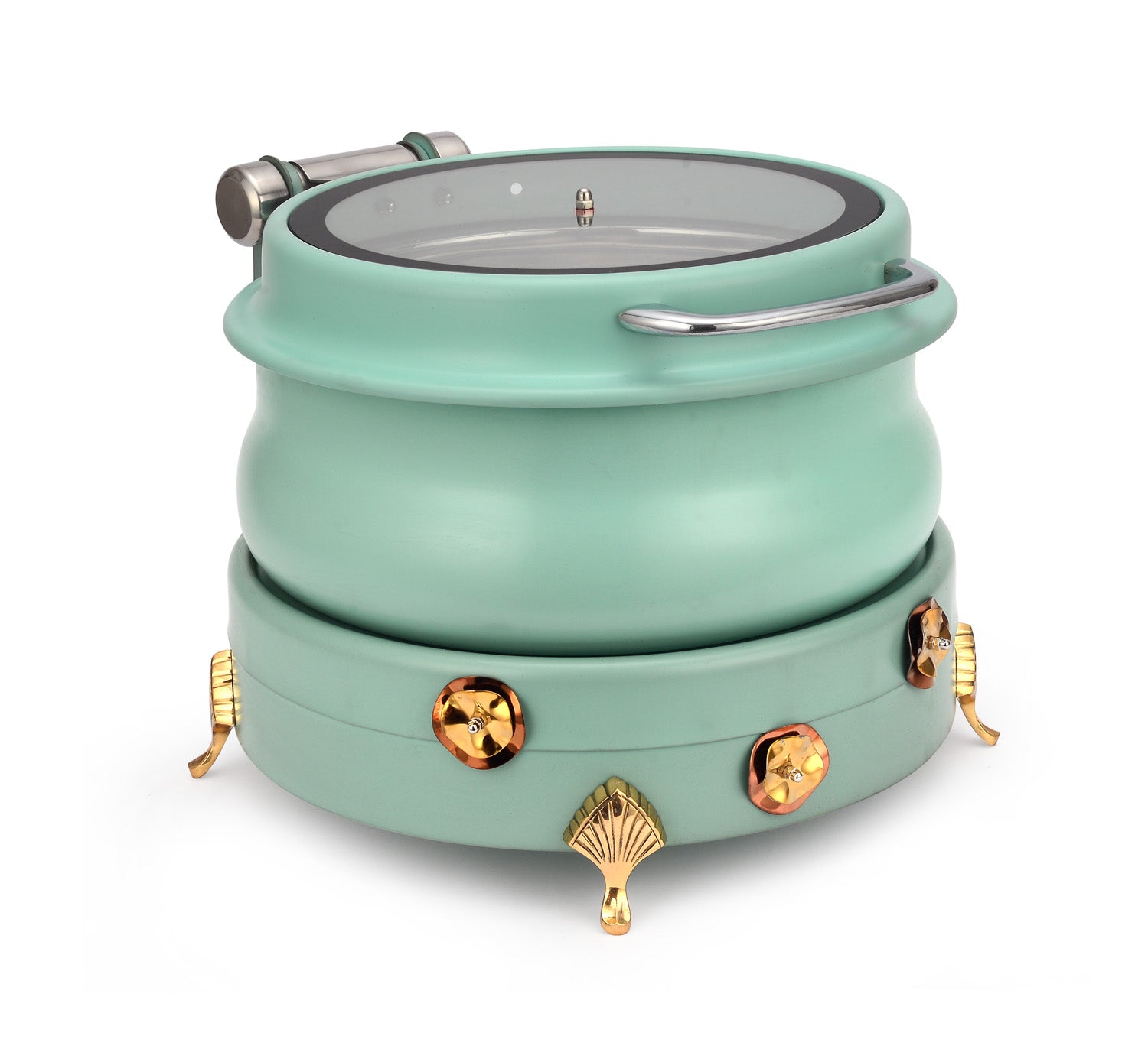 Stainless Steel Round 7 Ltrs  Chafing Dish, With Flora design Stand. With Glass Window. With cover control mechanism.