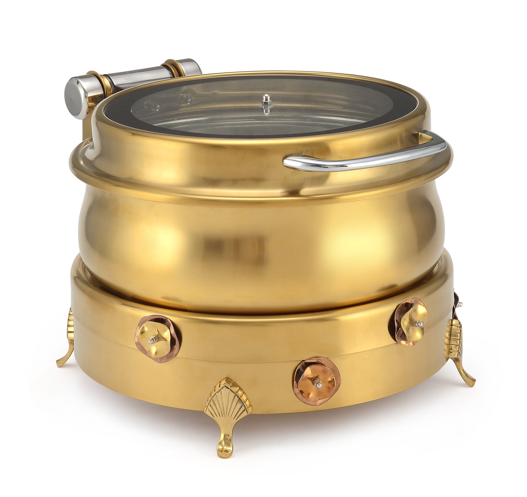 Stainless Steel Round 7 Ltrs  Chafing Dish, With Flora design Stand. With Glass Window. With cover control mechanism.