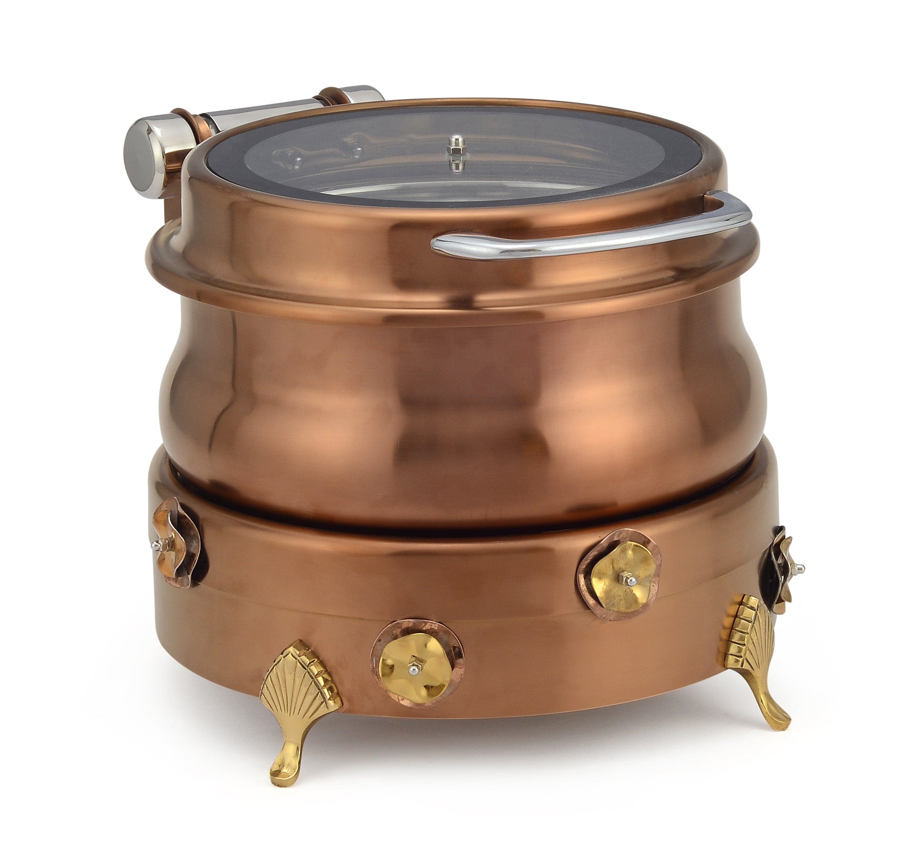 Stainless Steel Round 7 Ltrs  Chafing Dish, With Flora design Stand. With Glass Window. With cover control mechanism.