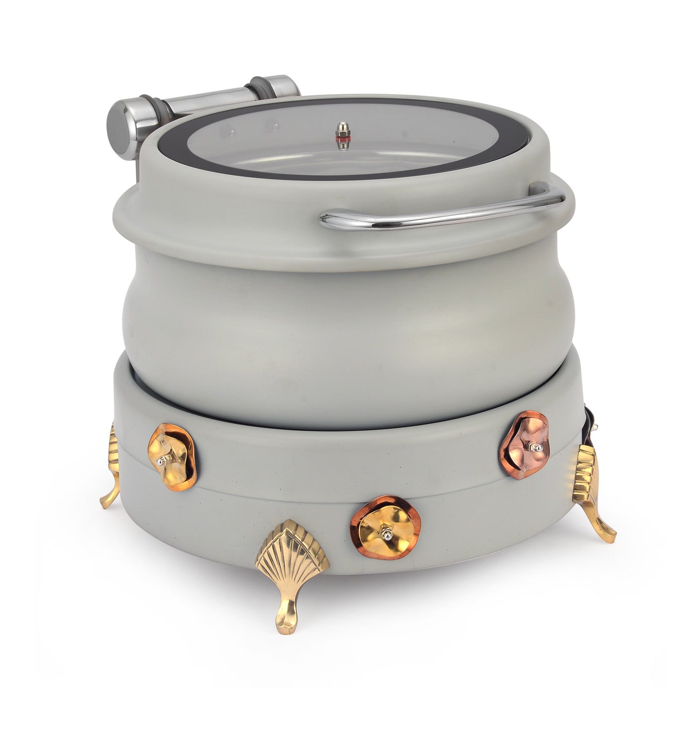 Stainless Steel Round 7 Ltrs  Chafing Dish, With Flora design Stand. With Glass Window. With cover control mechanism.