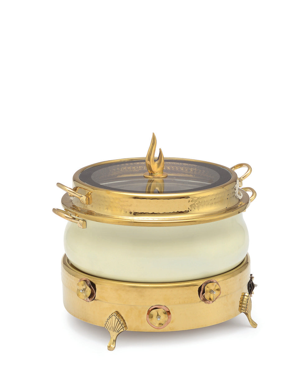 Stainless Steel Round 7 Ltrs  Chafing Dish, With Flora Design. With Full Glass Window.  (Induction Heater/ Heating Plate Not Included).