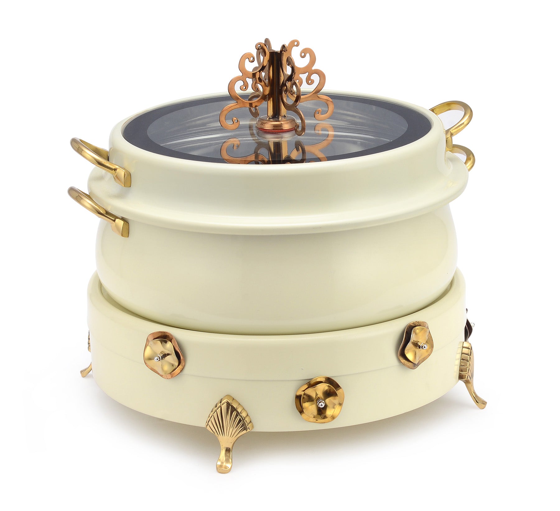 Stainless Steel Round 7 Ltrs  Chafing Dish, With Flora Design. With Full Glass Window.  (Induction Heater/ Heating Plate Not Included).