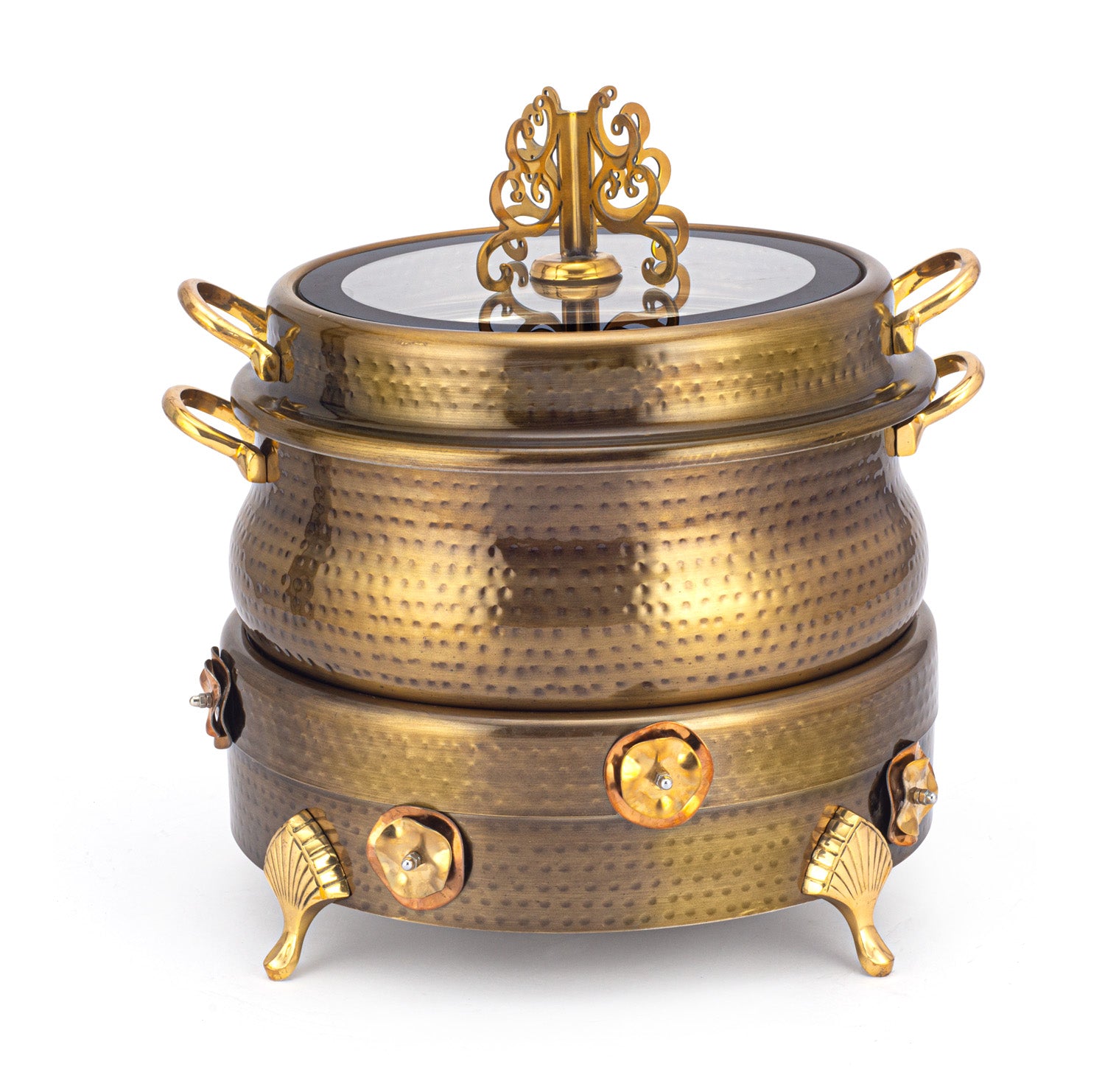 Stainless Steel Round 7 Ltrs  Chafing Dish, With Flora Design. With Full Glass Window.  (Induction Heater/ Heating Plate Not Included).