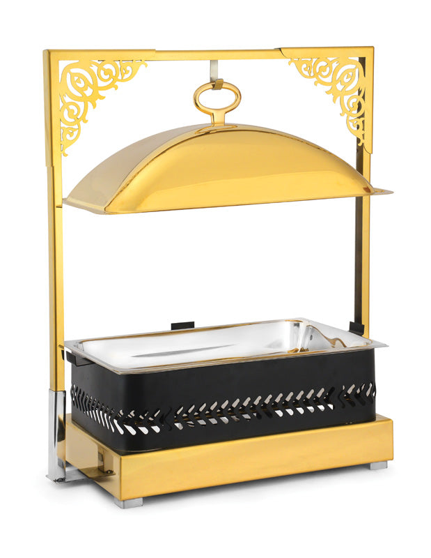 Rectangular Frame Stand type Chafing Dish, with Hanging Lid. Golden Base, Black Body and Golden Lid