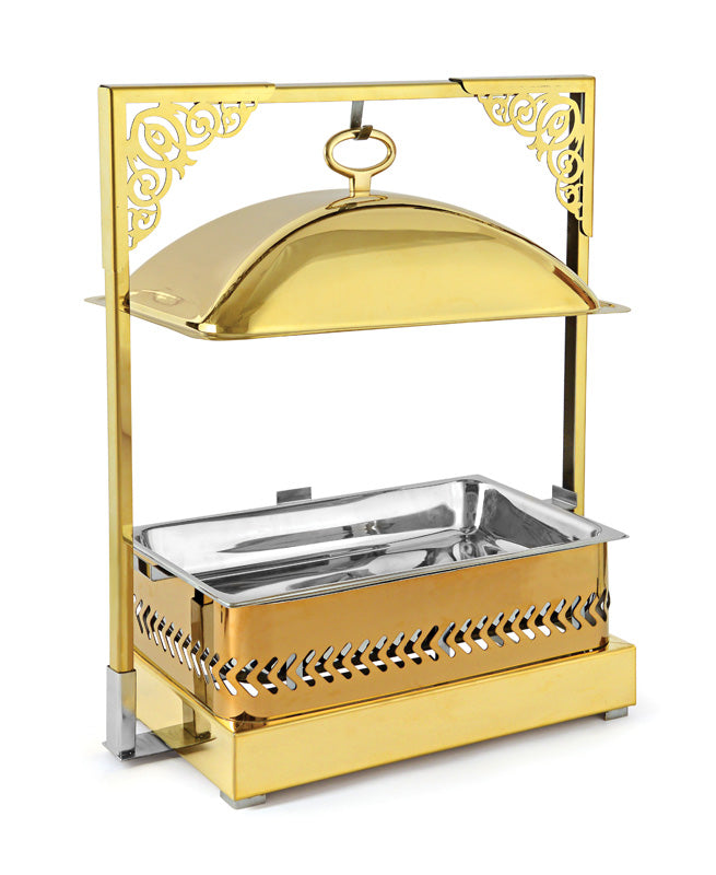 Rectangular Frame Stand type Chafing Dish, with Hanging Lid. Golden Base, Rose Gold Body and Golden Lid