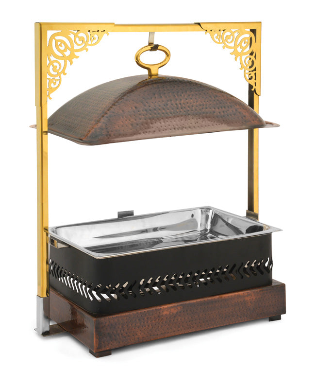 Rectangular Frame Stand type Chafing Dish, with Hanging Lid. Antique Copper finish Base, Black Body and Antique Copper finish Lid