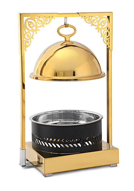 Round 7 Ltrs Frame Stand type Chafing Dish, with Hanging Lid. Golden Base, Black Body and Golden Lid