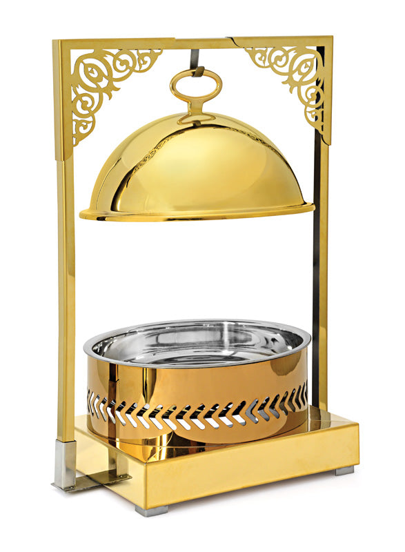 Round 7 Ltrs Frame Stand type Chafing Dish, with Hanging Lid. Golden Base, Rose Gold Body and Golden Lid