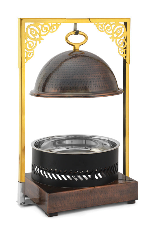 Round 7 Ltrs Frame Stand type Chafing Dish, with Hanging Lid. Antique Copper finish Base, Black Body and Antique Copper finish Lid