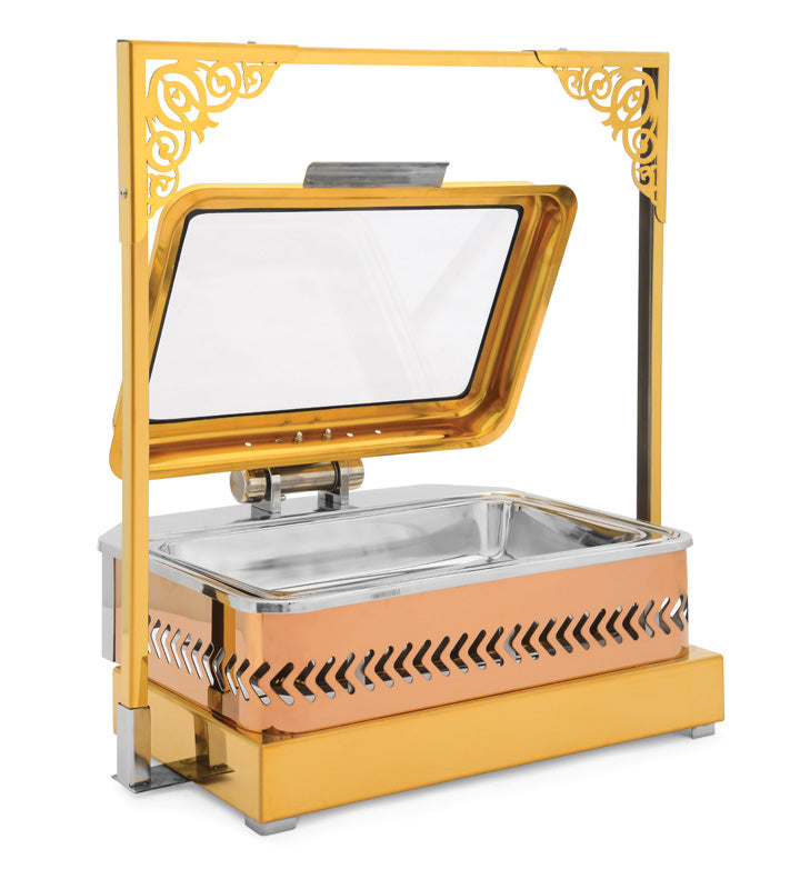Rectangular Full Glass Chafing Dish without Hanging Lid. Rose Gold Base, Golden Body and Rose Gold Lid