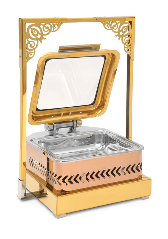 Square 7 Ltrs Full Glass Chafing Dish without Hanging Lid. Rose Gold Base, Golden Body and Rose Gold Lid