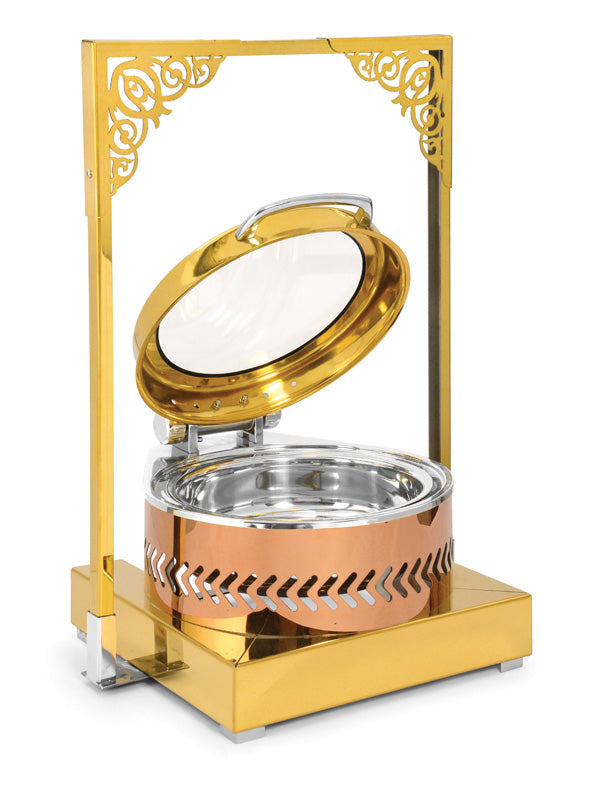 Round Large Full Glass Chafing Dish with Frame Stand type Chafing Dish, with Hanging Lid. Rose Gold Base, Golden Body and Rose Gold Lid