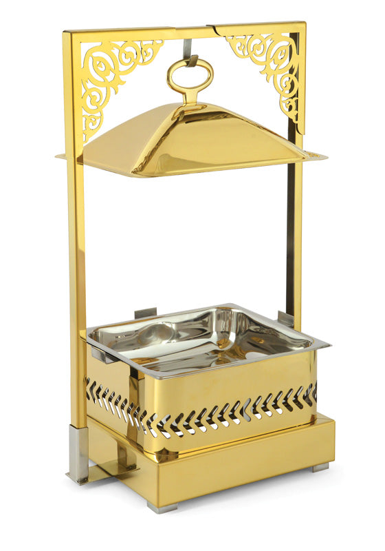 Square 7 Ltrs Frame Stand type Chafing Dish, with Hanging Lid. All Golden Finish.
