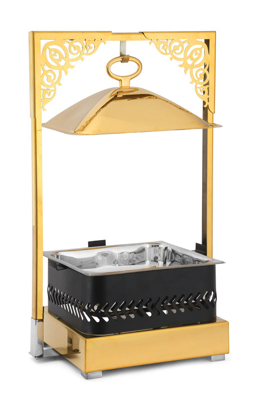 Square 7 Ltrs Frame Stand type Chafing Dish, with Hanging Lid. Golden Base, Black Body and Golden Lid