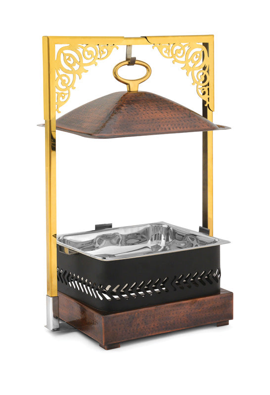 Square 7 Ltrs Frame Stand type Chafing Dish, with Hanging Lid. Antique Copper finish Base, Black Body and Antique Copper finish Lid