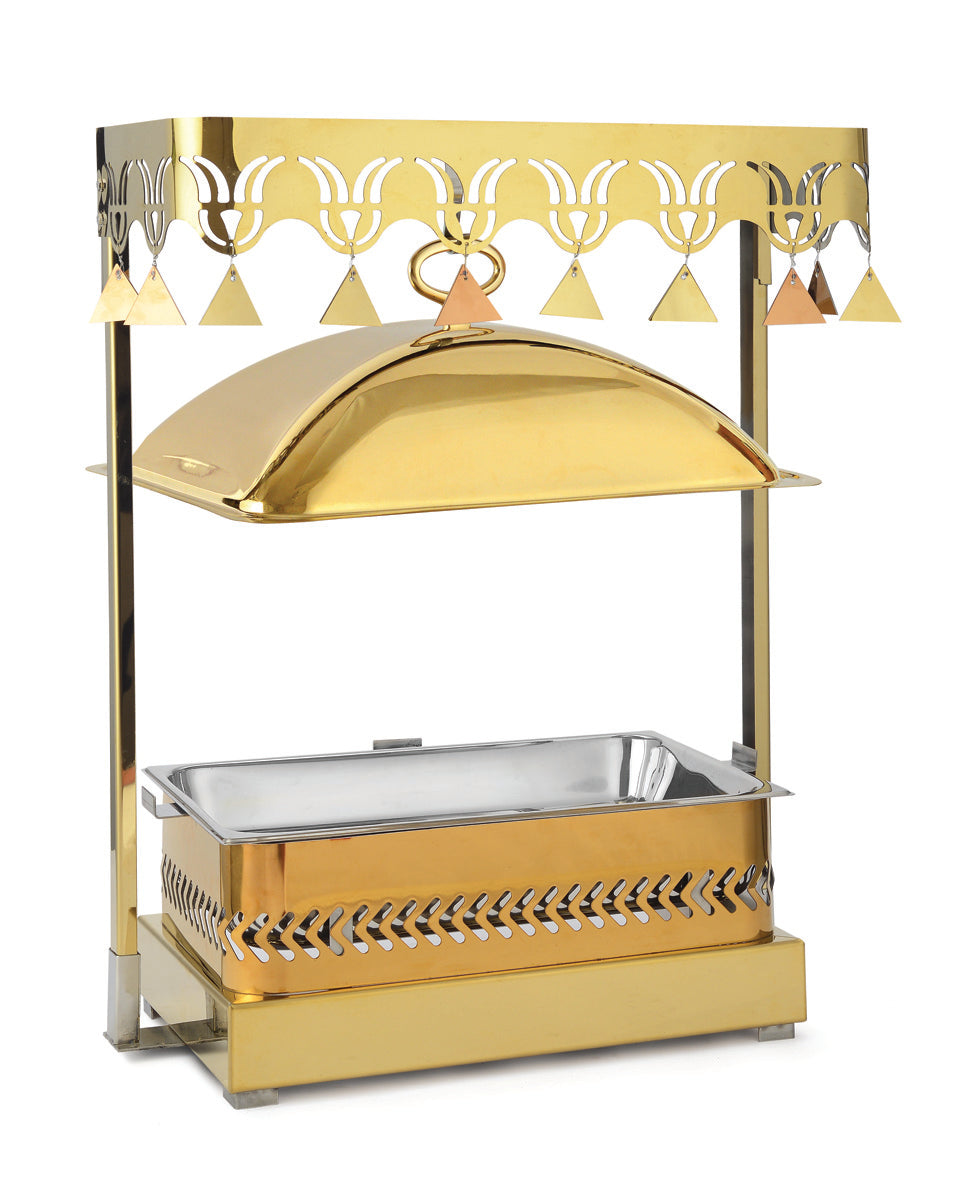 Rectangular Frame Stand type Chafing Dish, with Hanging Lid. Golden Base, Rose Gold Body and Golden Lid