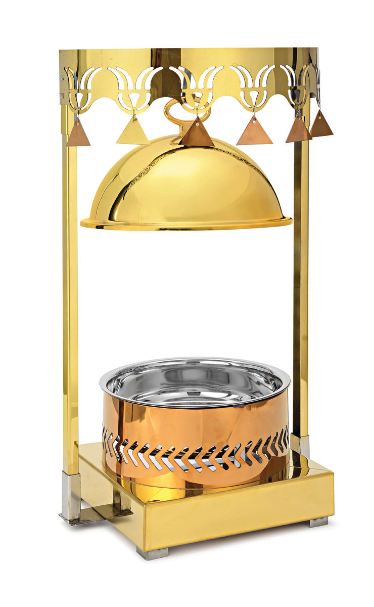 Round 5 Ltrs Frame Stand type Chafing Dish, with Hanging Lid. Golden Base, Rose Gold Body and Golden Lid