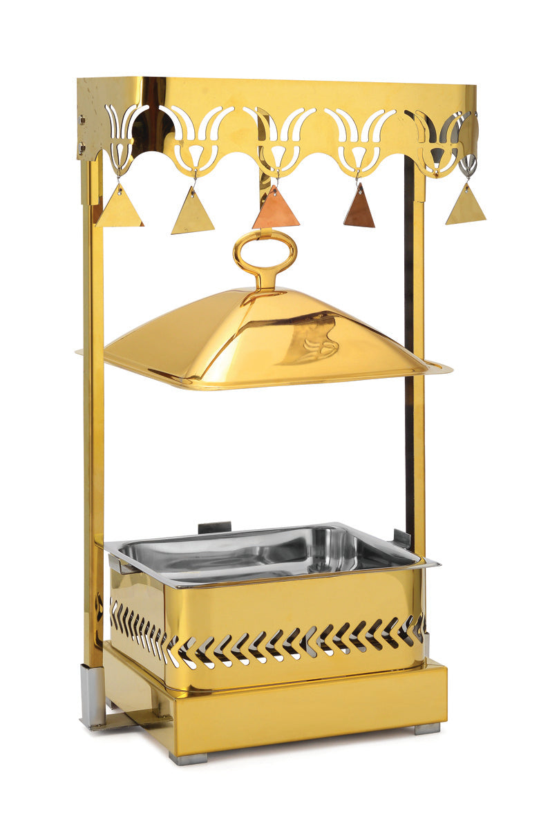Square 7 Ltrs Frame Stand type Chafing Dish, with Hanging Lid. All Golden Finish.