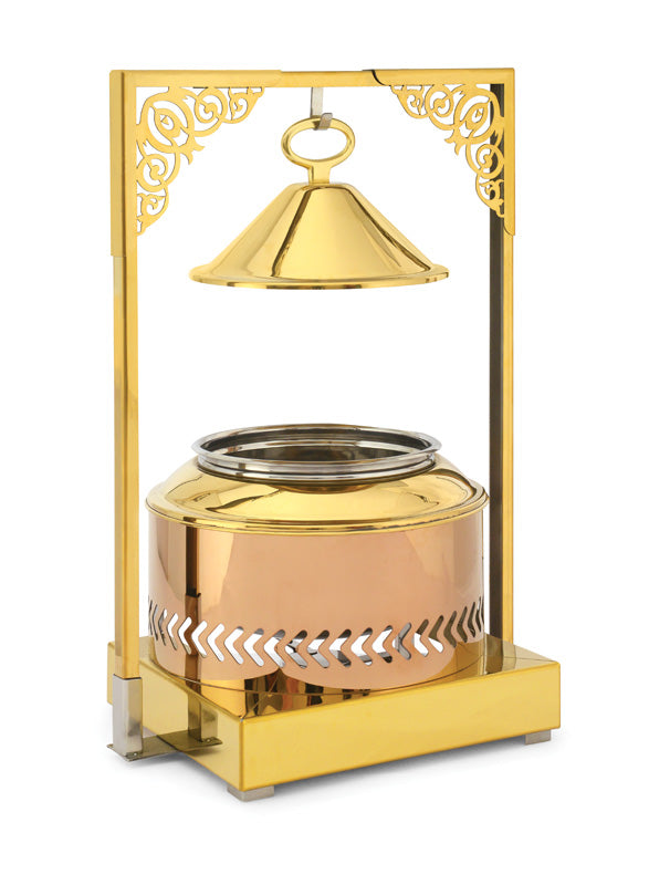 Round Frame Stand type Soup Tureen, with Hanging Lid. Golden Base, Rose Gold Body and Golden Lid
