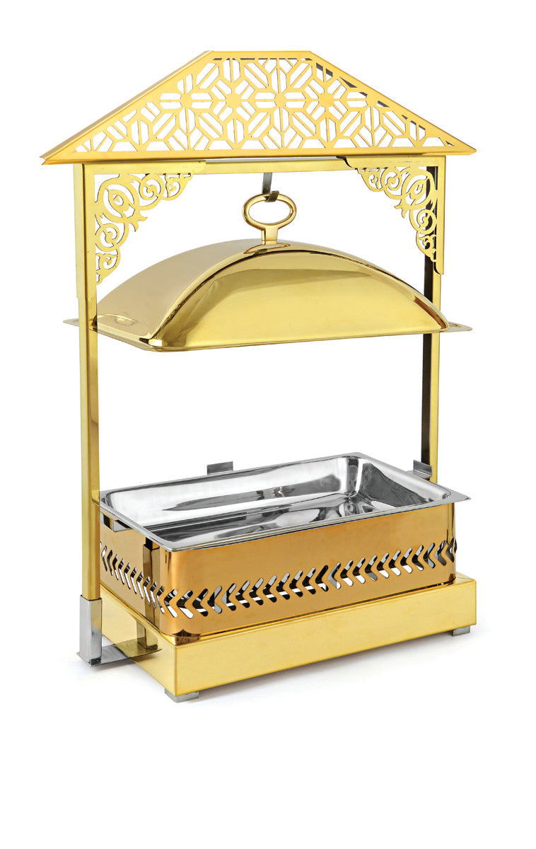 Rectangular Frame Stand type Chafing Dish, with Hanging Lid. Golden Base, Rose Gold Body and Golden Lid