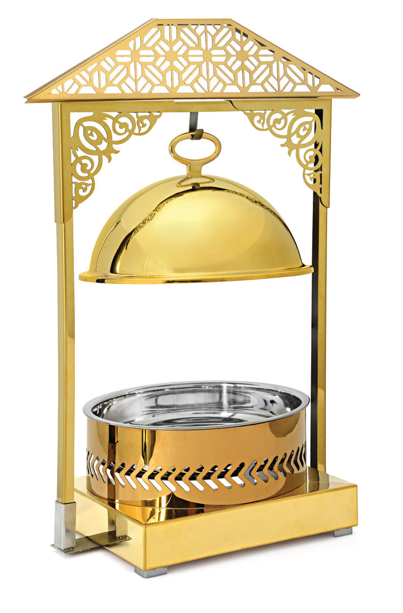 Round 7 Ltrs Frame Stand type Chafing Dish, with Hanging Lid. Golden Base, Rose Gold Body and Golden Lid