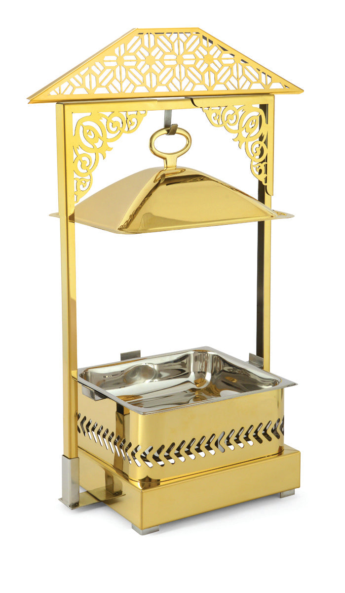 Square 7 Ltrs Frame Stand type Chafing Dish, with Hanging Lid. All Golden Finish.