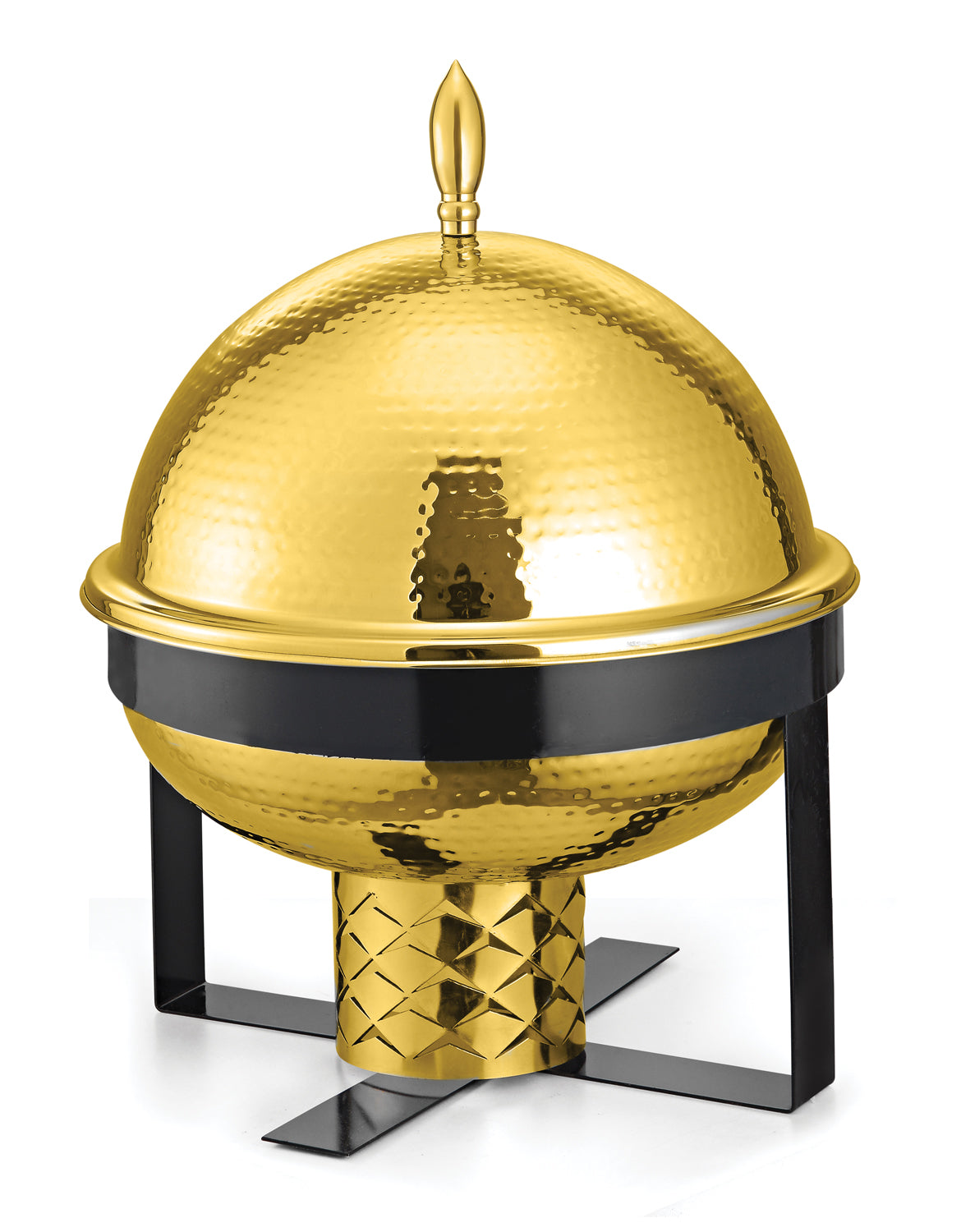 Stainless Steel Globe Type Round 7 Ltrs  Chafing Dish with Hammered Finish in Golden finish With Black Stand