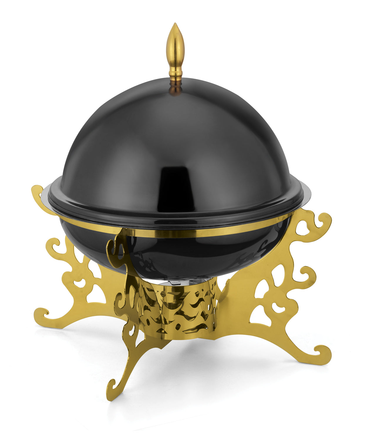 Round Lift Top Chafing Dish, With High Dome Lid, with Laser Cutting Stand. With Golden Stand and Black Chafing Dish