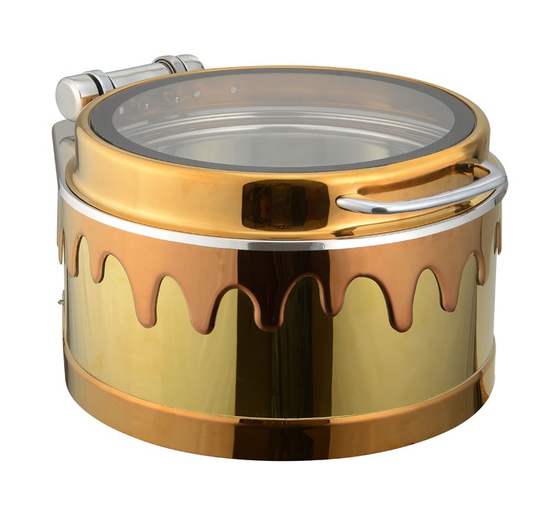 Round Large Chafing Dish, with Full Glass Lid, Melting Candle Style.