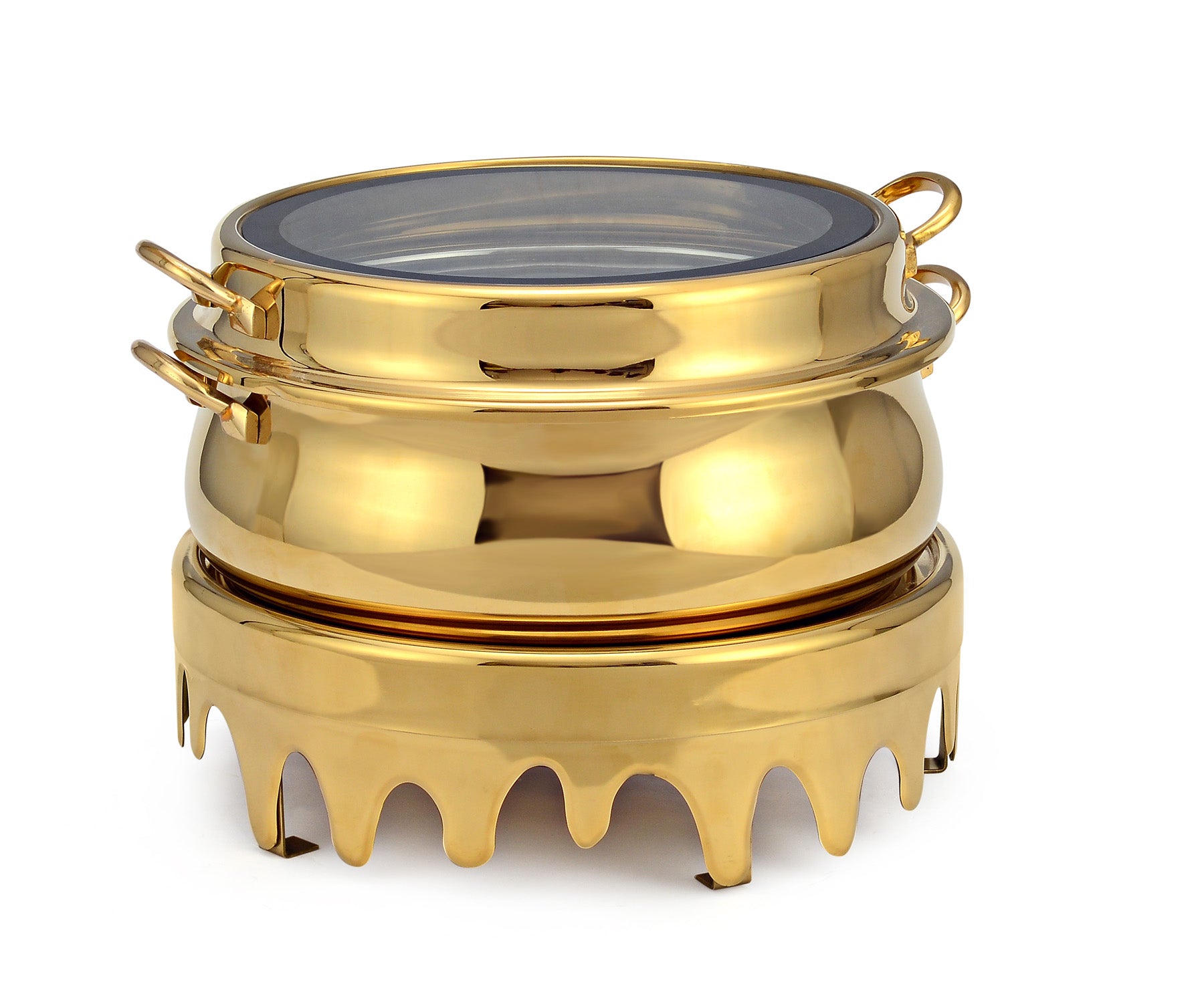 Stainless Steel Round 7 Ltrs  Chafing Dish, Full Glass Lid. With MB Design Stand.  (Induction Heater/ Heating Plate Not Included).