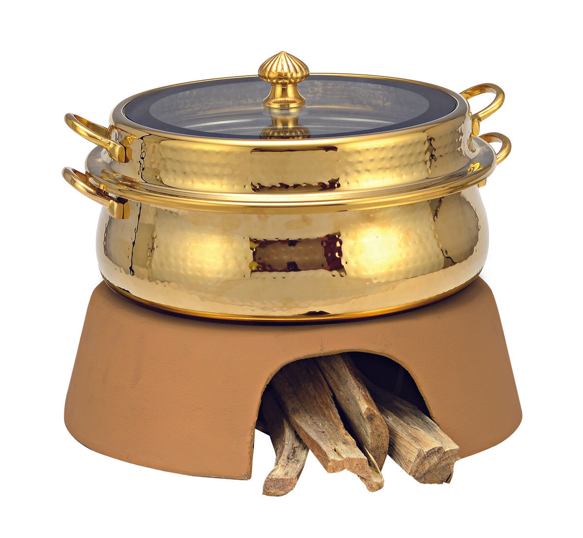 Stainless Steel Large  Size Chafing Dish, With Full Glass Lid.  With Hammered Finish. With Chulha type stand. (Induction Heater not included)