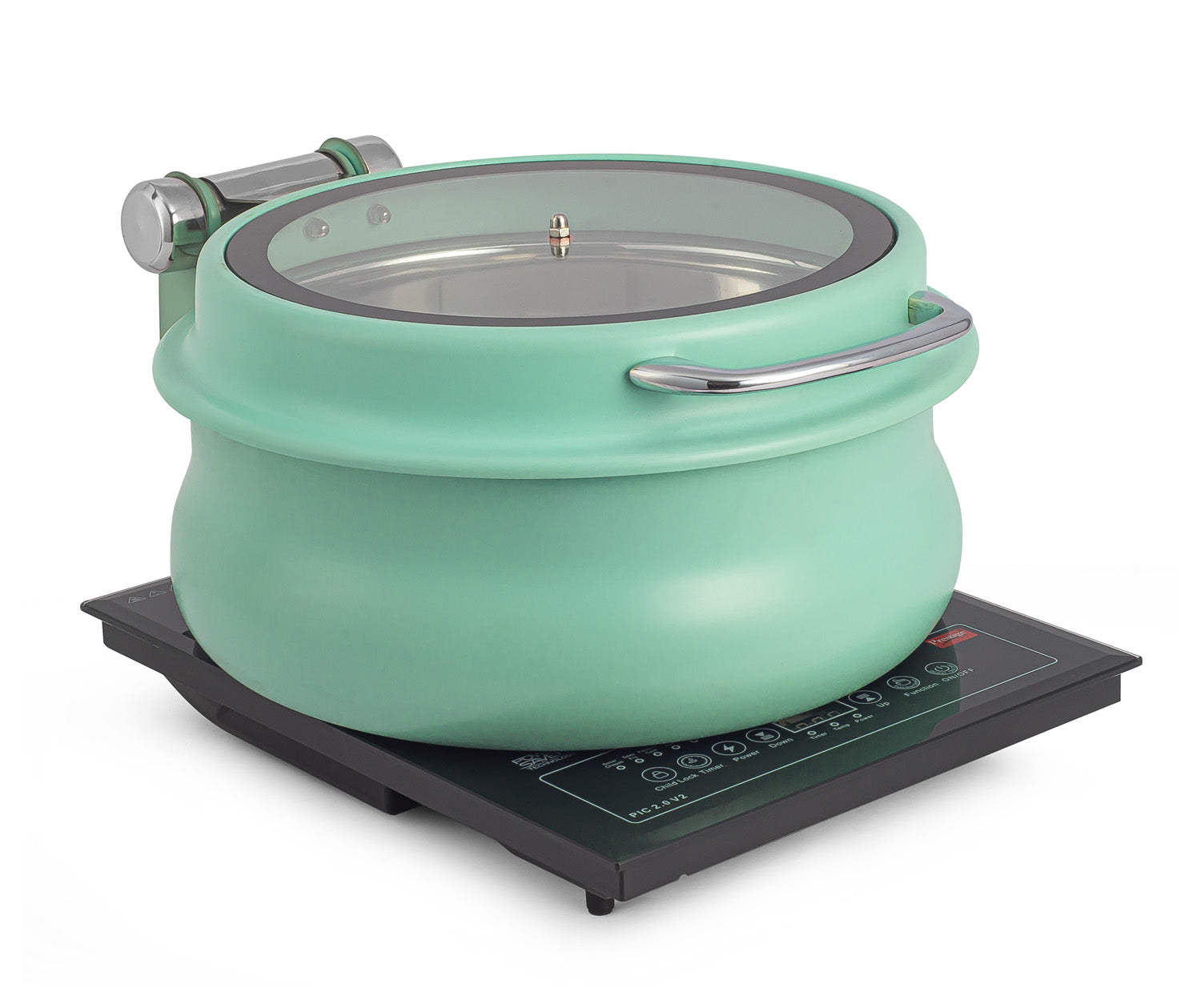 Stainless Steel Round 7 Ltrs Chafing Dish, With Glass Window. With cover control mechanism. (Induction Heater/ Heating Plate Not Included).