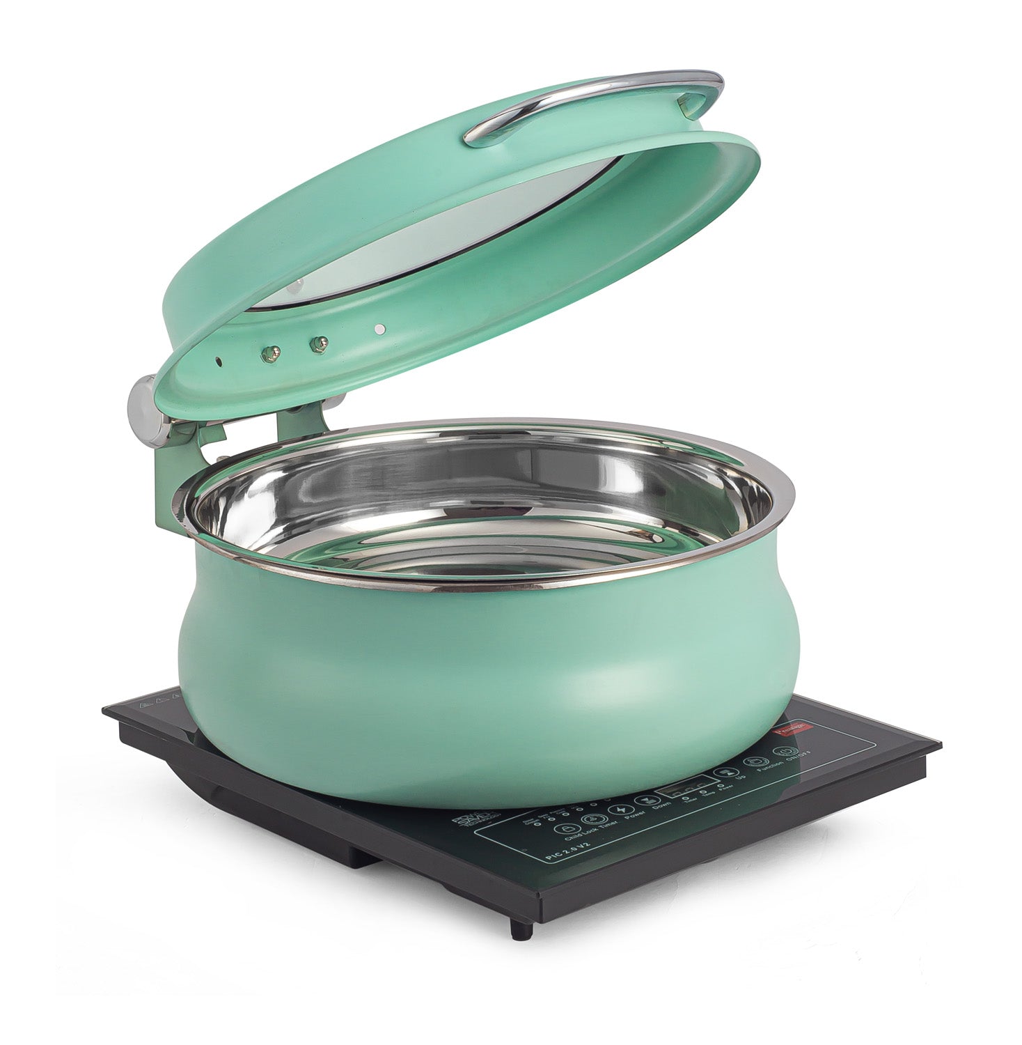 Stainless Steel Round 7 Ltrs Chafing Dish, With Glass Window. With cover control mechanism. (Induction Heater/ Heating Plate Not Included).