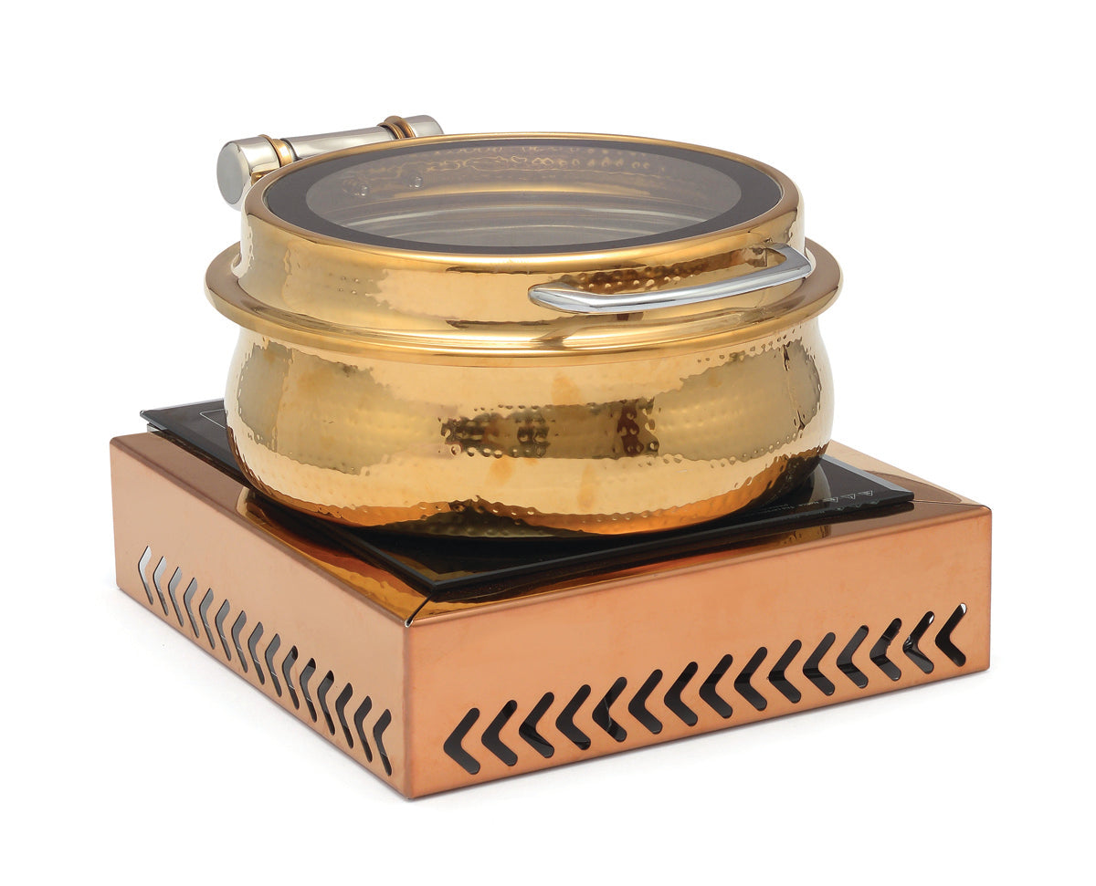 Stainless Steel Large  Size Chafing Dish, With Full Glass Lid. With cover control mechanism. With Hammered Finish.With Induction Compatible Chowki type Stand.(Induction Heater Not included)