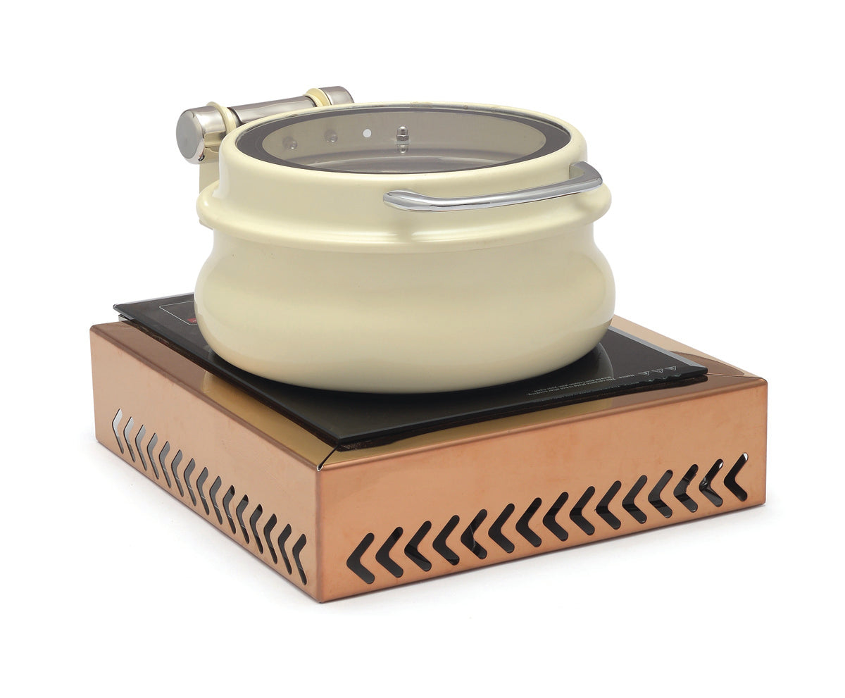 Stainless Steel Large  Size Chafing Dish, With Full Glass Lid. With cover control mechanism. With Hammered Finish.With Induction Compatible Chowki type Stand.(Induction Heater Not included)